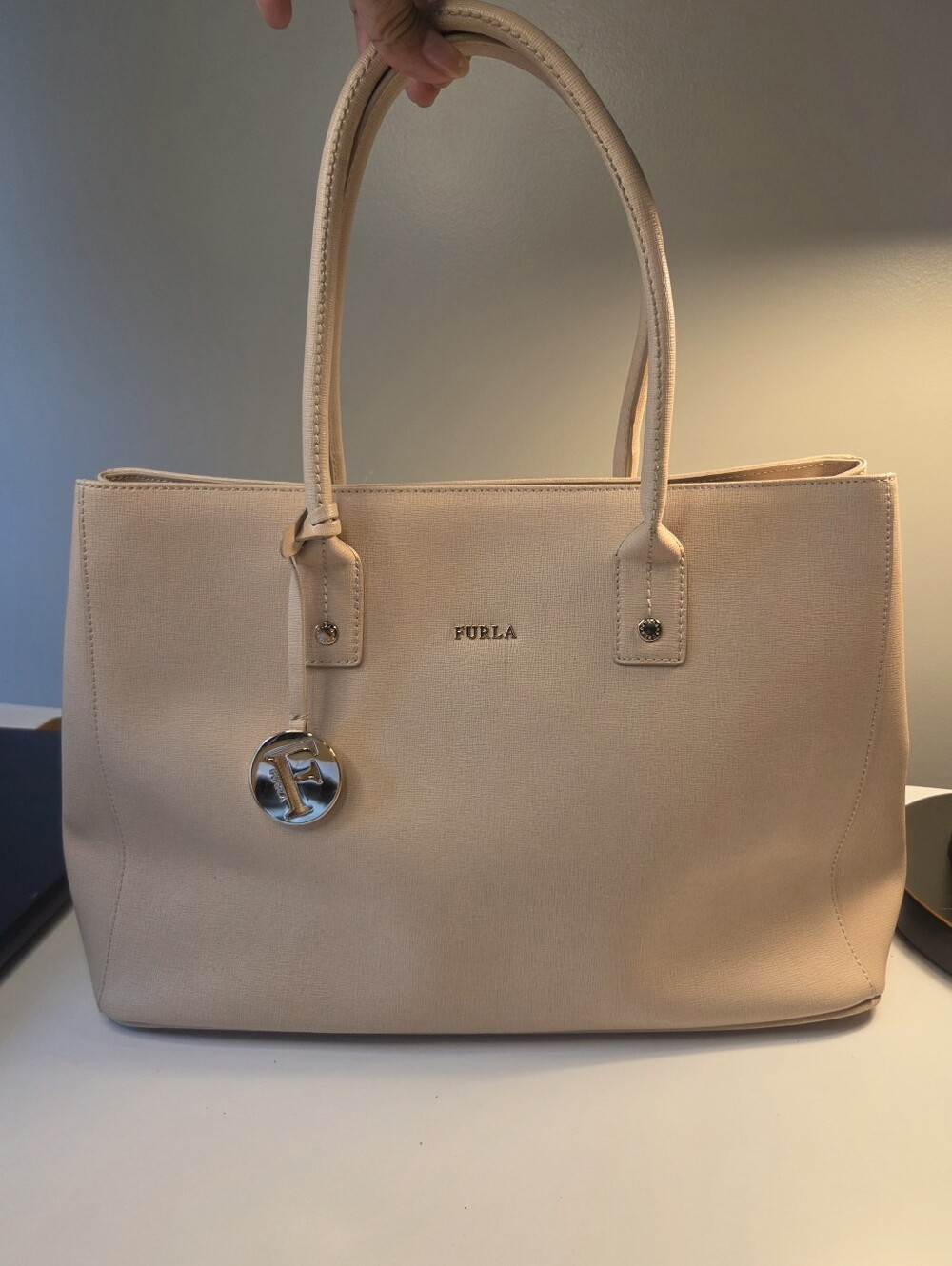 Furla Light Beige Tote with Logo Charm PVC